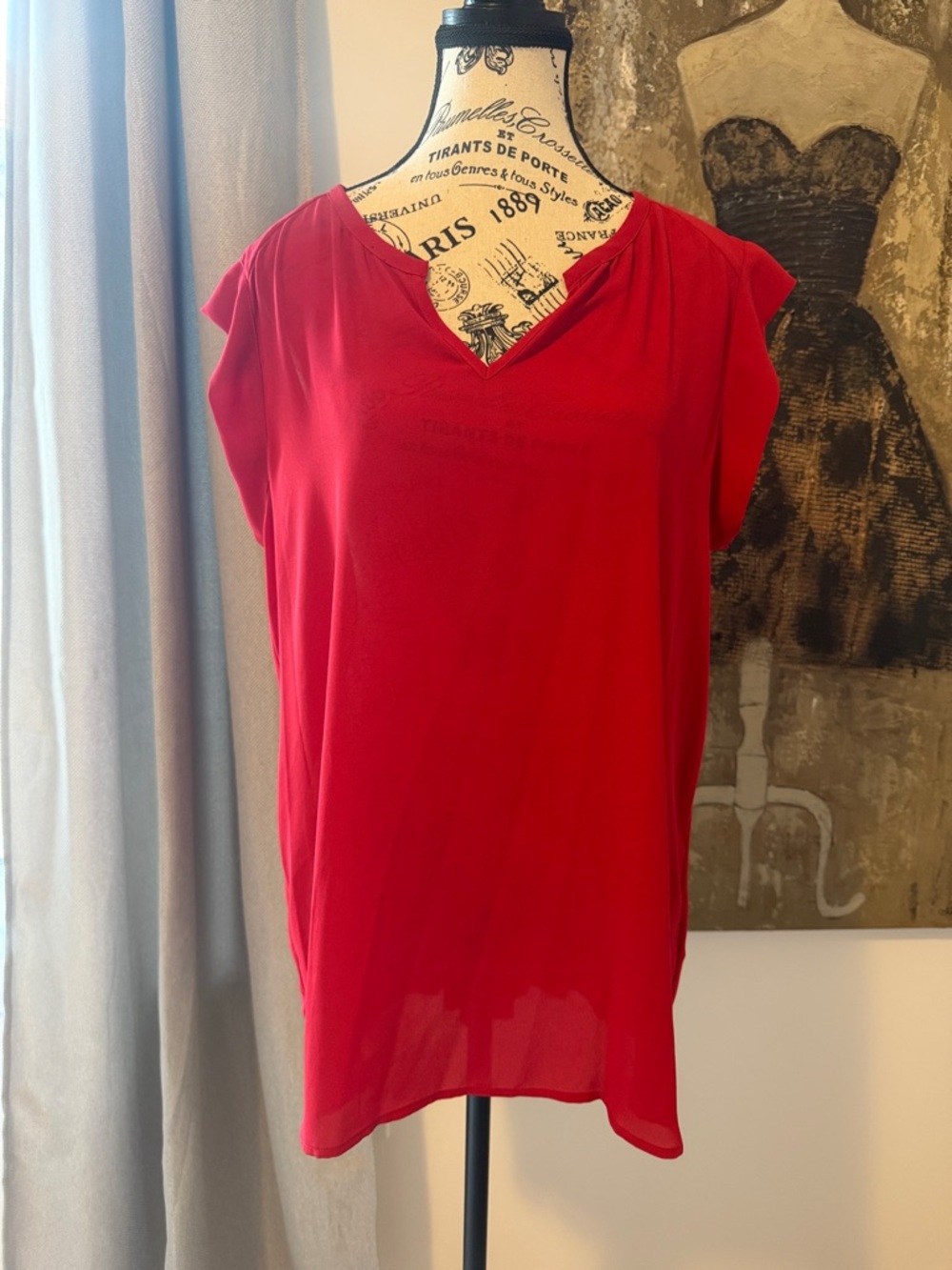 Red V-Neck Short Sleeve Blouse